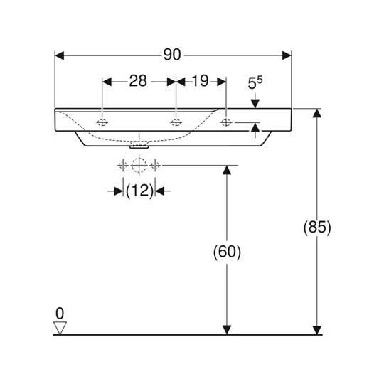 Geberit Xeno˛ mosdó pakolófelülettel, 90 cmx14 cmx48 cm, csaplyuk középen, túlfolyó nélkül, jobb lerakófelület, KeraTect