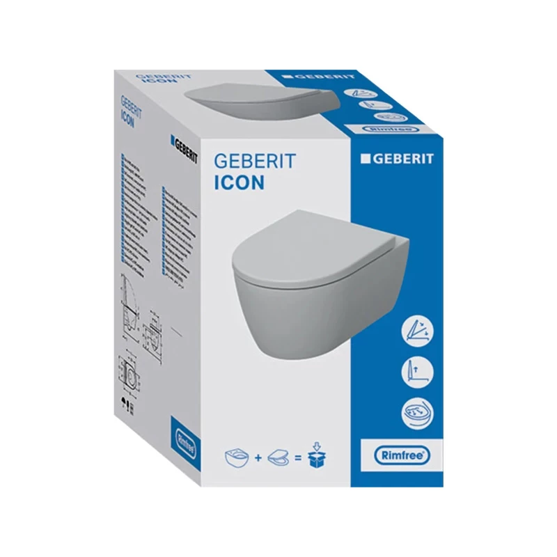 Geberit iCon mélyöblítésű fali WC készlet, zárt forma, Rimfree, WC-ülőkével (softclose ülőke, gyorskioldós) 53x36cm