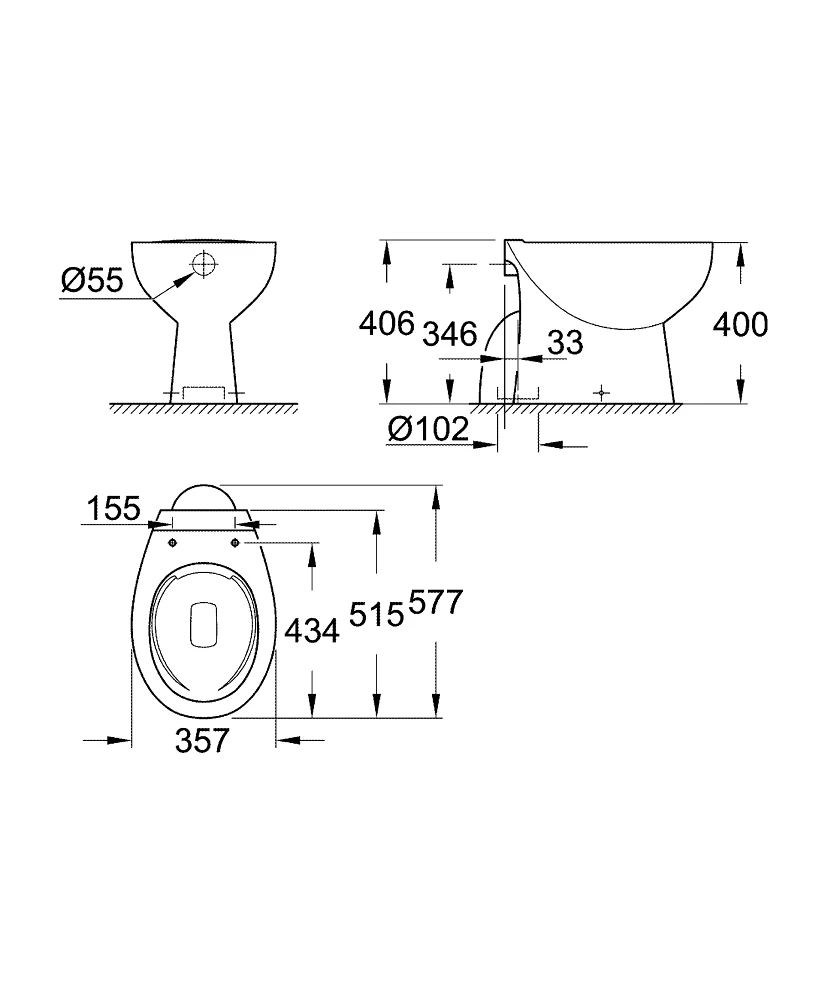 Grohe Bau Ceramic álló wc, alsó kifolyású, mélyöblítésű, perem nélküli