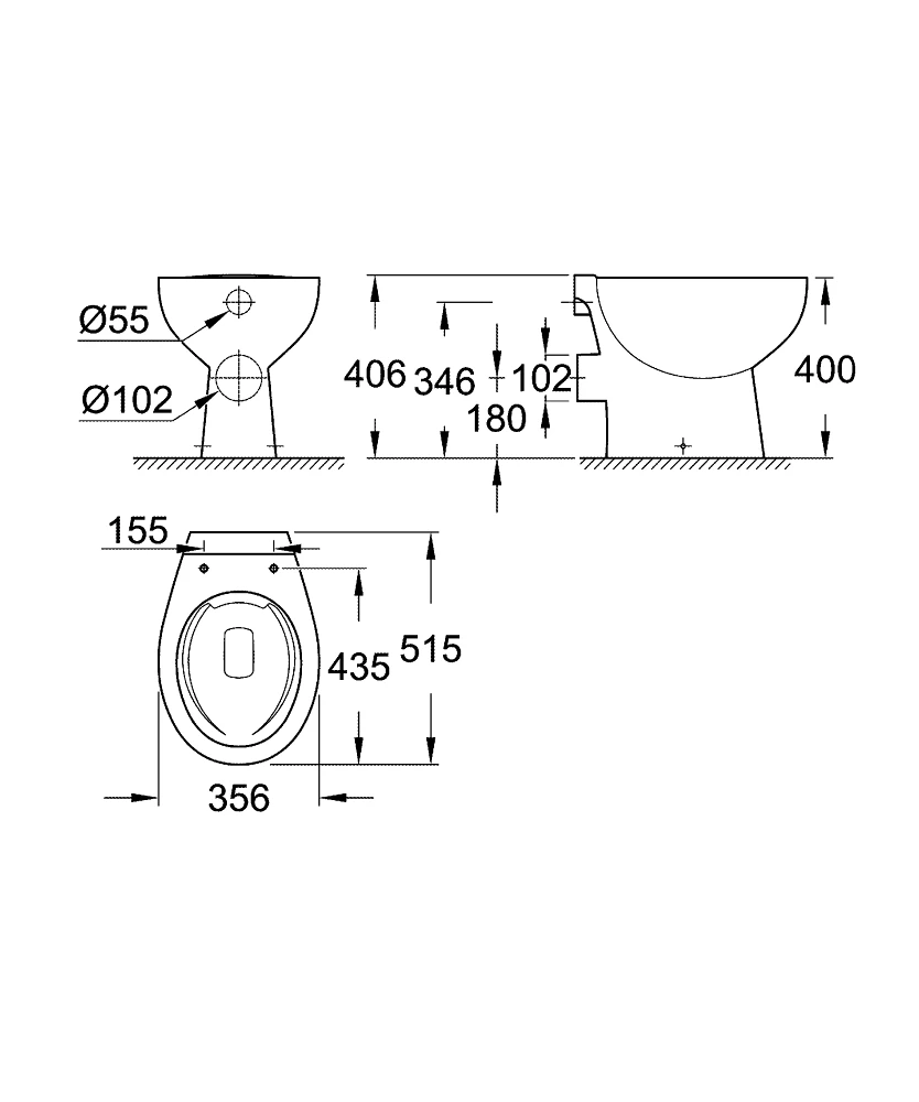 Grohe Bau Ceramic álló wc, hátsó kifolyású, mélyöblítésű, perem nélküli
