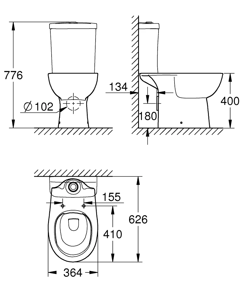 Grohe Bau Ceramic álló wc, monoblokkos, hátsó kifolyás, peremmentes