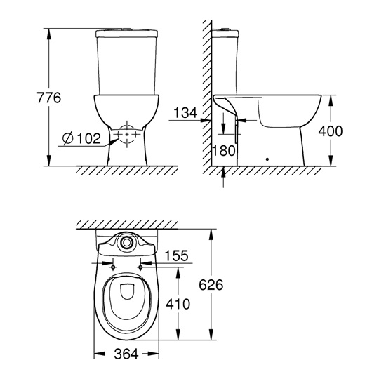 Grohe Bau Ceramic álló wc, monoblokkos, hátsó kifolyás, peremmentes