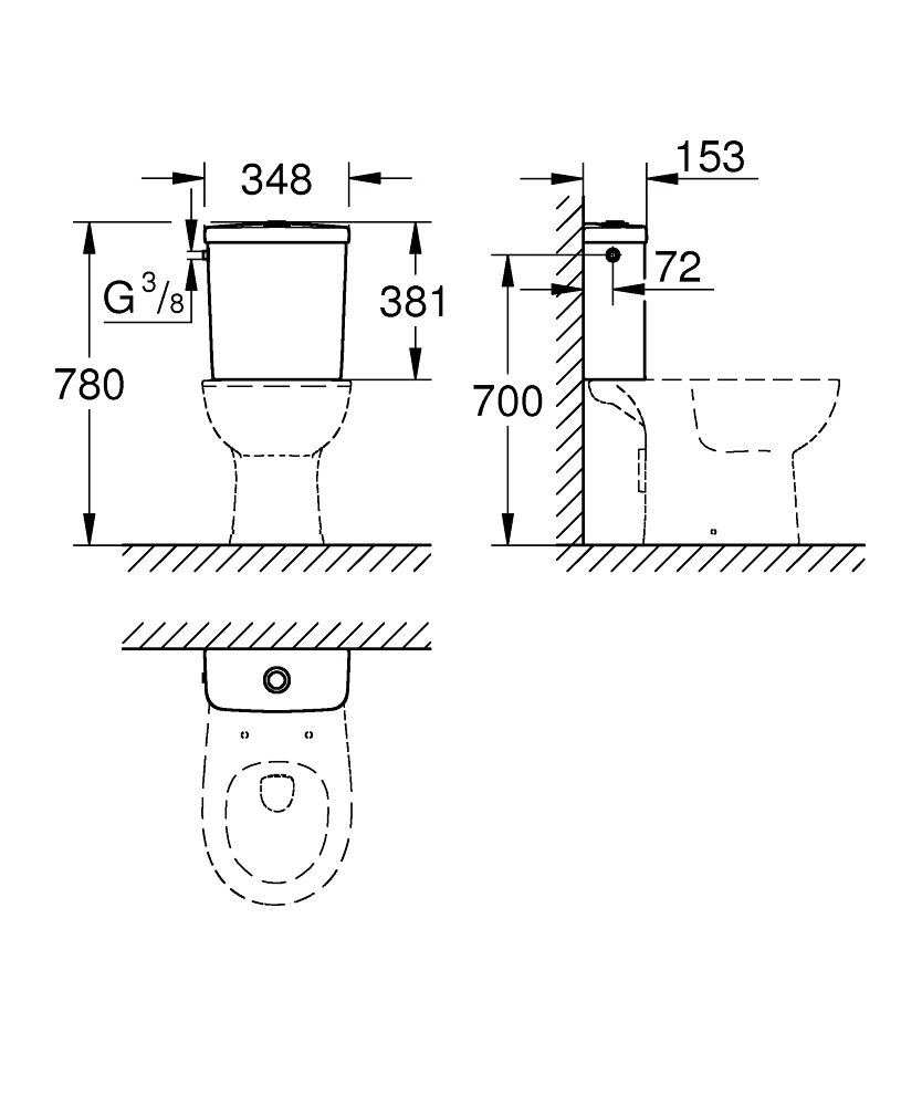 Grohe Bau Ceramic wc-öblítőtartály monoblokkos kombinációhoz oldalsó bekötés