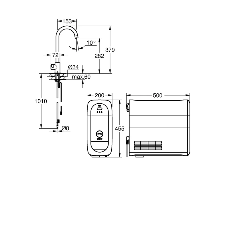 Grohe Blue Home Mono Starter csaptelep készlet szabályozható szénsavadagolóval C alakú kifolyóval, matt szuperacél