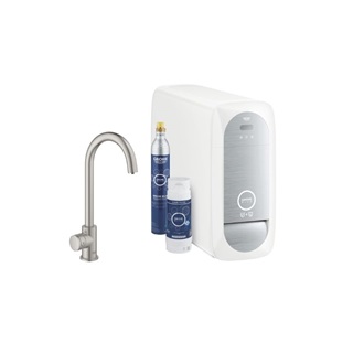 Grohe Blue Home Mono Starter csaptelep készlet szabályozható szénsavadagolóval C alakú kifolyóval, matt szuperacél