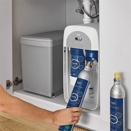 Grohe Blue Home Mono Starter csaptelep készlet szabályozható szénsavadagolóval C alakú kifolyóval, matt szuperacél