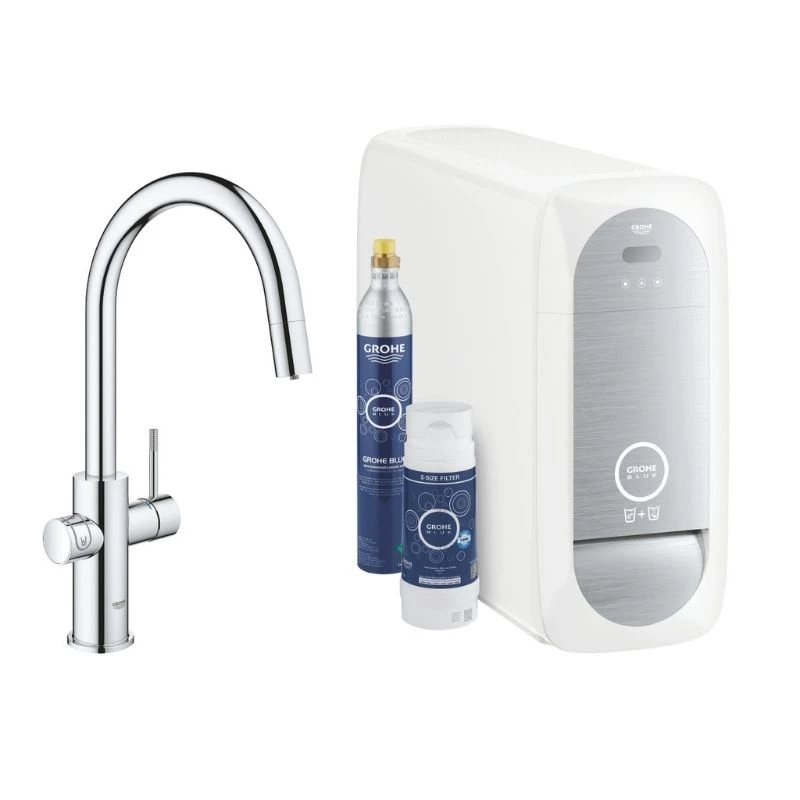 Grohe Blue Home csaptelep készlet szabályozható szénsavadagolóval C alakú kifolyóval, króm, kihúzható fejjel