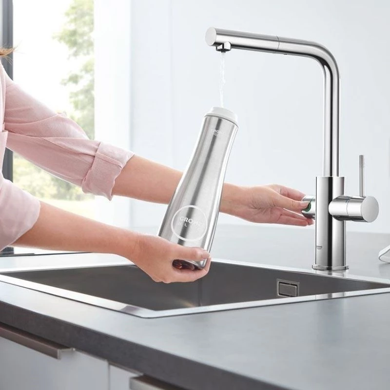 Grohe Blue Home csaptelep készlet szabályozható szénsavadagolóval L alakú kifolyóval, króm, kihúzható fejjel