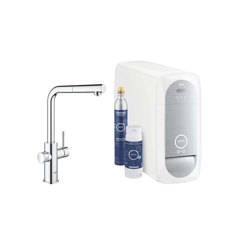 Grohe Blue Home csaptelep készlet szabályozható szénsavadagolóval L alakú kifolyóval, króm, kihúzható fejjel