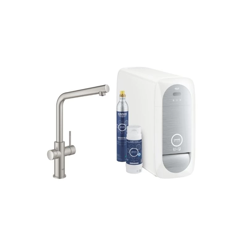 Grohe Blue Home csaptelep készlet szabályozható szénsavadagolóval L alakú kifolyóval, matt szuperacél