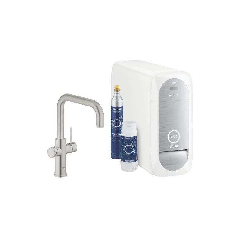 Grohe Blue Home csaptelep készlet szabályozható szénsavadagolóval U alakú kifolyóval, matt szuperacél