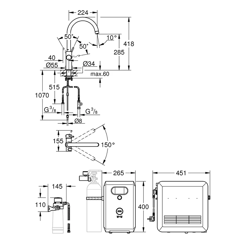 Grohe Blue Professional csaptelep készlet szabályozható szénsavadagolóval C alakú kifolyóval, króm