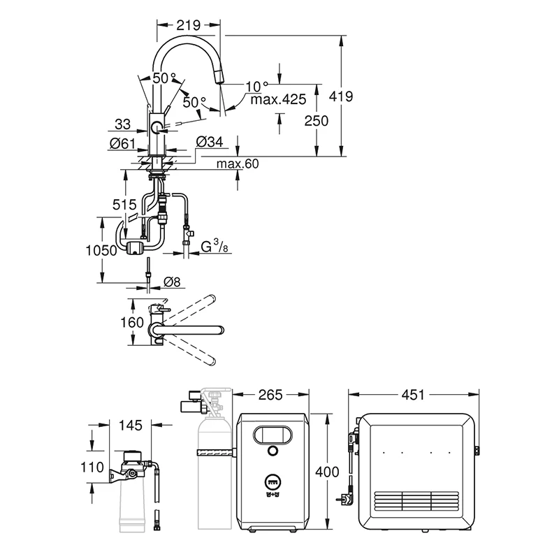 Grohe Blue Professional csaptelep készlet szabályozható szénsavadagolóval C alakú kifolyóval, króm, kihúzható fejjel