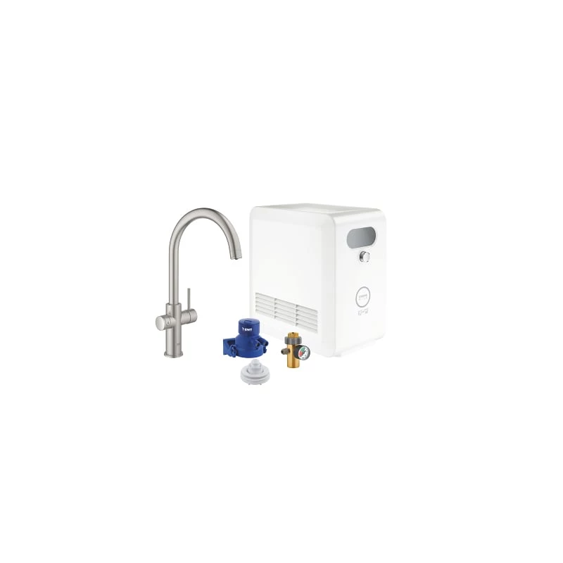 Grohe Blue Professional csaptelep készlet szabályozható szénsavadagolóval C alakú kifolyóval, matt szuperacél