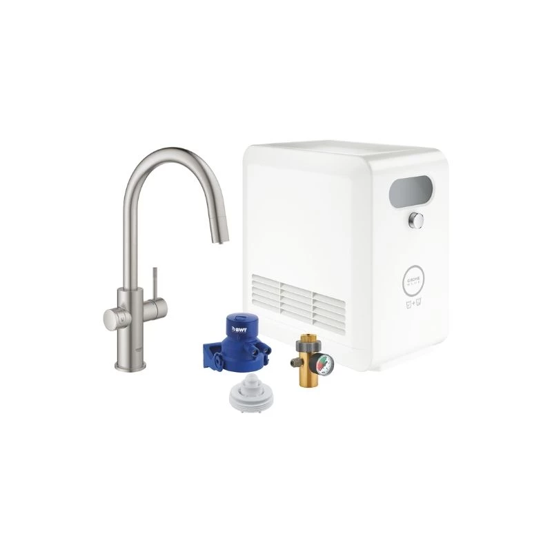 Grohe Blue Professional csaptelep készlet szabályozható szénsavadagolóval C alakú kifolyóval, matt szuperacél, kihúzható