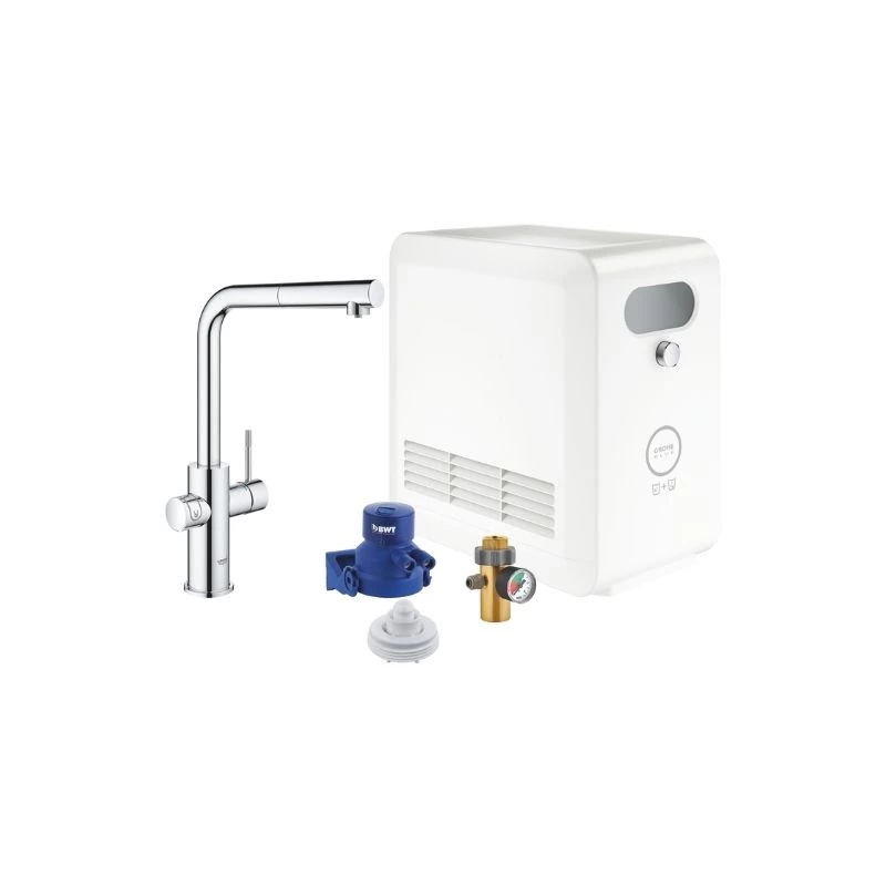 Grohe Blue Professional csaptelep készlet szabályozható szénsavadagolóval L alakú kifolyóval, króm, kihúzható fejjel