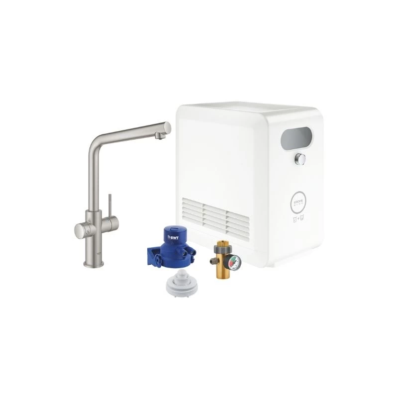 Grohe Blue Professional csaptelep készlet szabályozható szénsavadagolóval L alakú kifolyóval, matt szuperacél