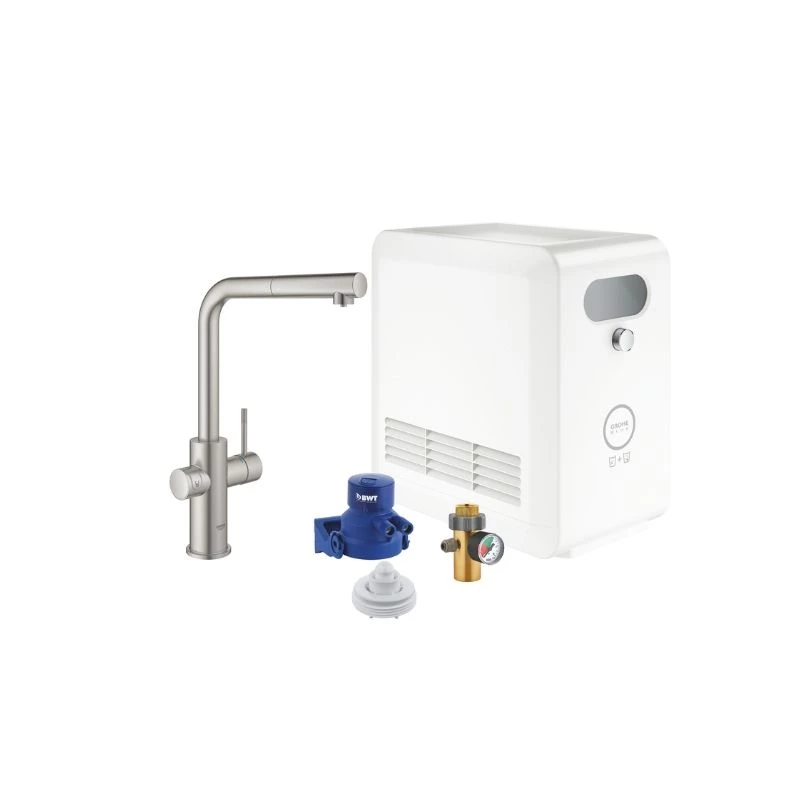 Grohe Blue Professional csaptelep készlet szabályozható szénsavadagolóval L alakú kifolyóval, matt szuperacél, kihúzható