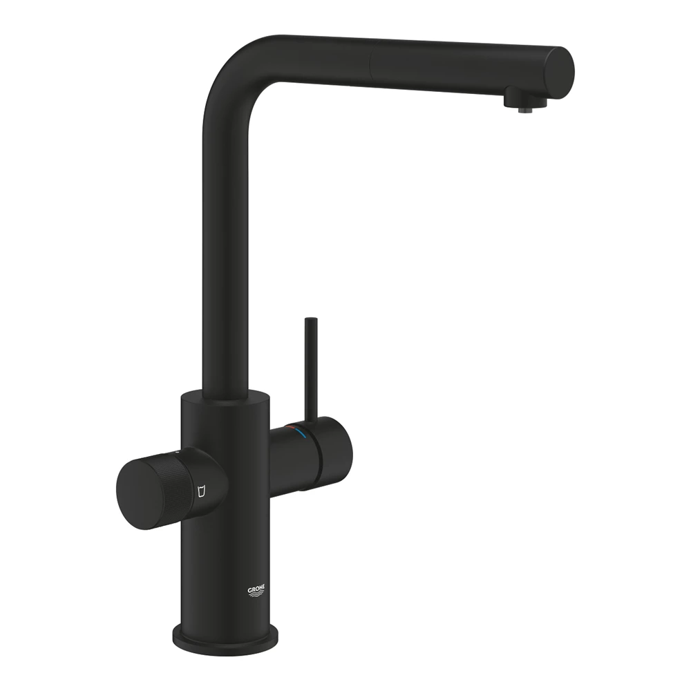 Grohe Blue Pure Minta mosogató csaptelep, L kifolyós, kihúzható fejjel, szűrt és normál vízre, fantom fekete