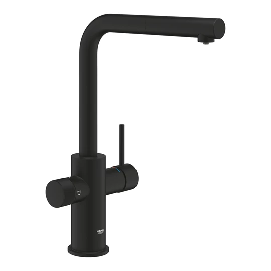 Grohe Blue Pure Minta mosogató csaptelep, L kifolyós, kihúzható fejjel, szűrt és normál vízre, fantom fekete