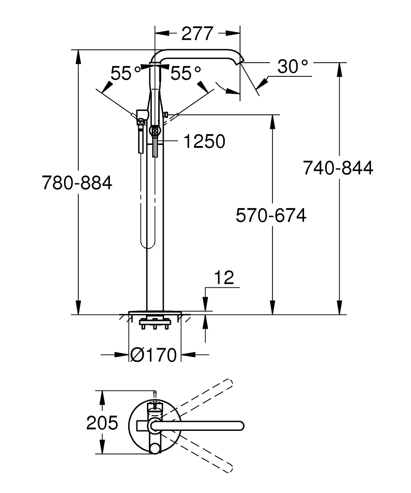 Grohe Essence Egykaros kádtöltő csaptelep 1/2”, padlóra szerelhető matt/grafit
