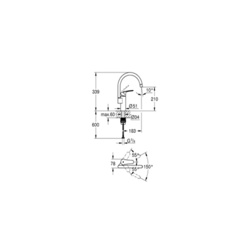 Grohe Eurosmart 2021 egykaros mosogató csaptelep, álló, hattyúnyakú, króm