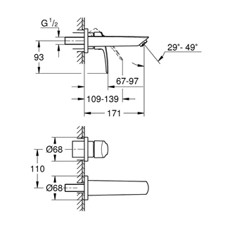 Grohe Eurosmart 2 lyukas fali mosdó csaptelep,S-es méret, króm