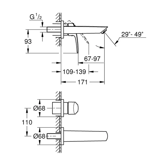Grohe Eurosmart 2 lyukas fali mosdó csaptelep,S-es méret, króm
