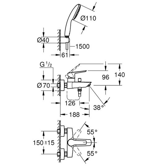 Grohe Eurosmart falsíkon kívüli egykaros fali kádcsaptelep zuhanyszettel,188mm benyúlás,króm