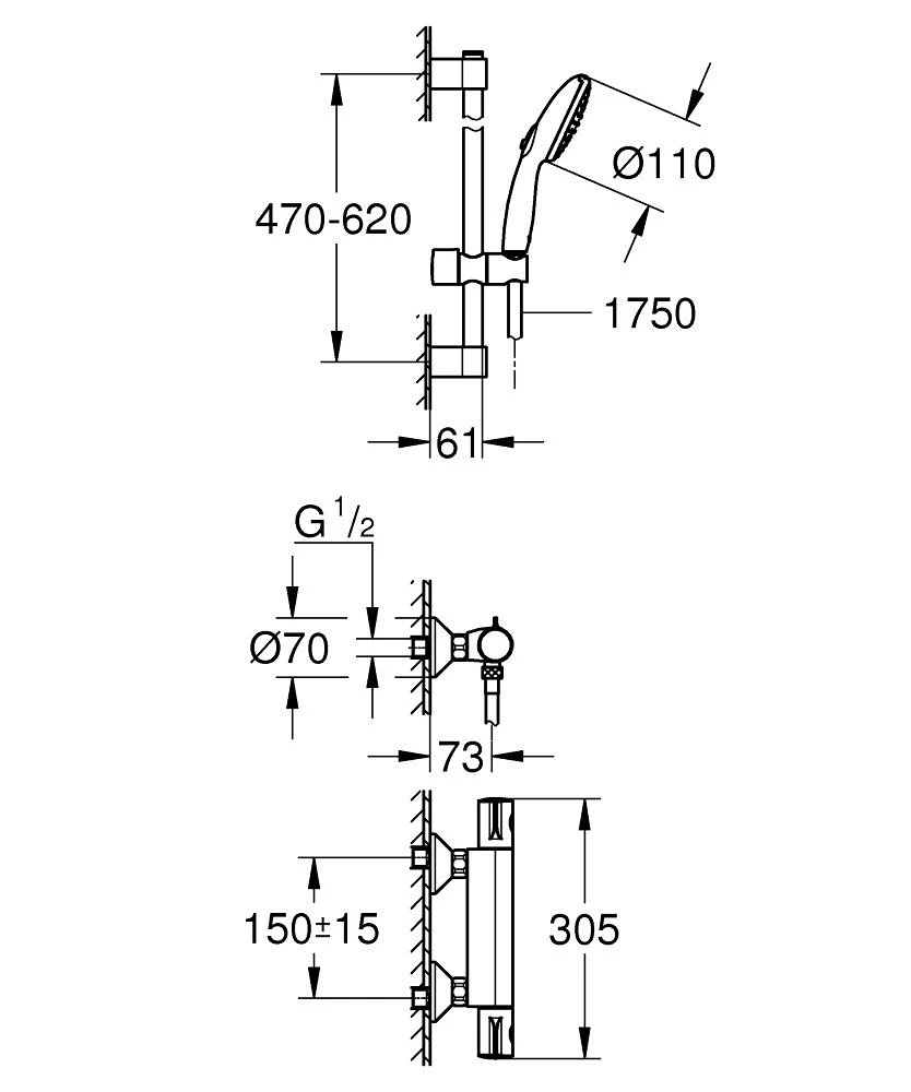 Grohe Grohtherm 800 termosztátos zuhanycsaptelep 1/2", 600 mm-es sines zuhanyszettel (2 funkciós kézizuhany)