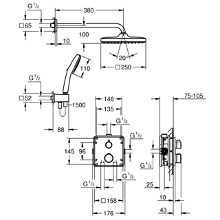 Grohe Grohtherm rejtett zuhanyrendszer Tempesta 250 Cube fejzuhannyal (szögletes forma)