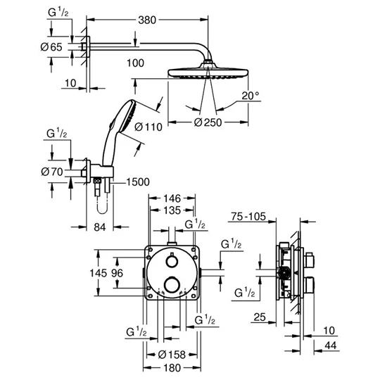 Grohe Grohtherm rejtett zuhanyrendszer Tempesta 250 fejzuhannyal (kerek forma)