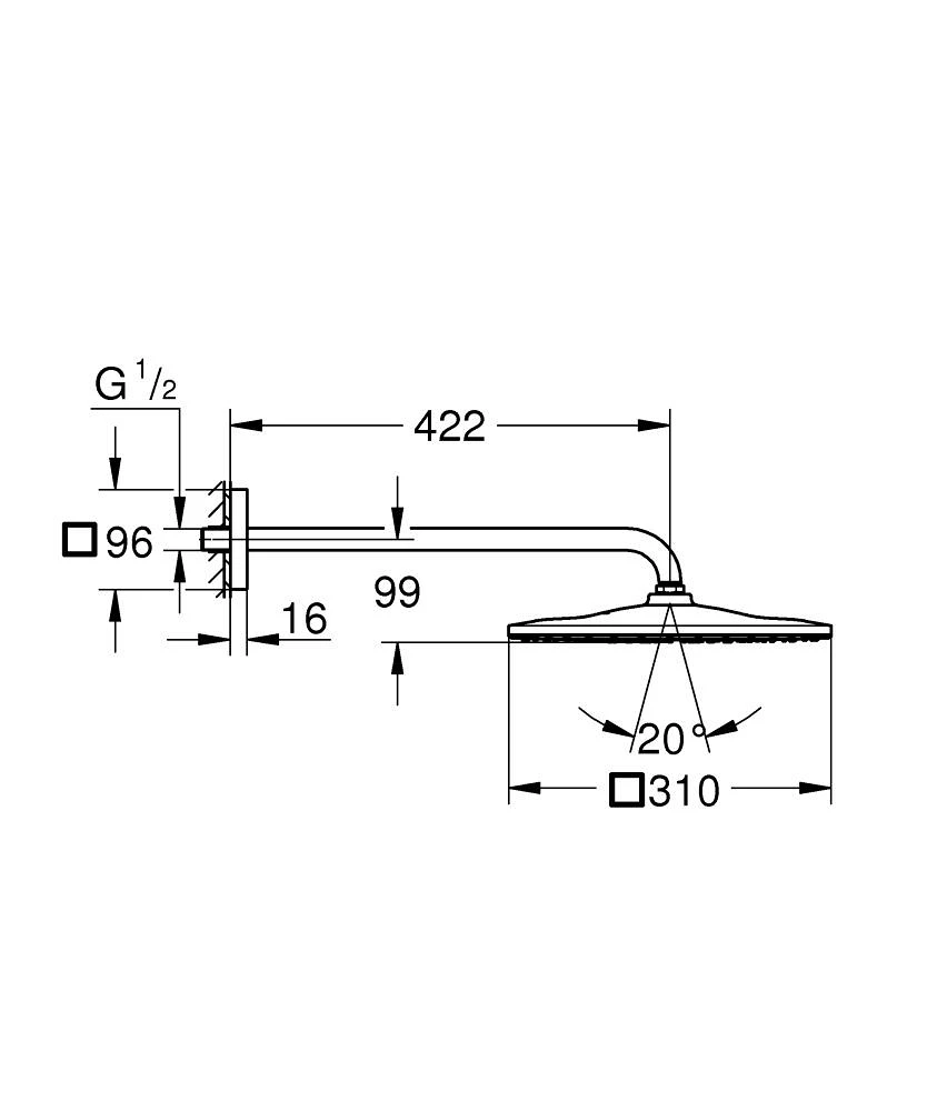 Grohe Rainshower mono  Cube fejzuhany készlet 310mm 1 funkciós esőztető, 422mm-es fali zuhanykarral, Brushed Hard Grafit