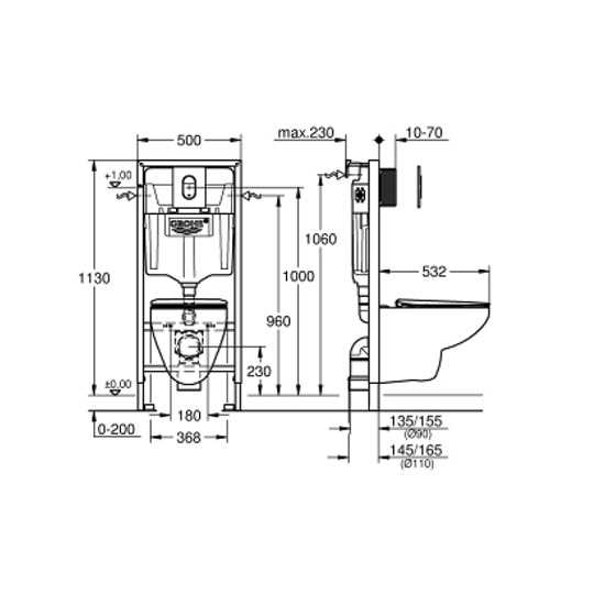 Grohe Rapid SL 5 az 1-ben Bau Ceramic WC szett, 1,13 méteres telepítési magasság