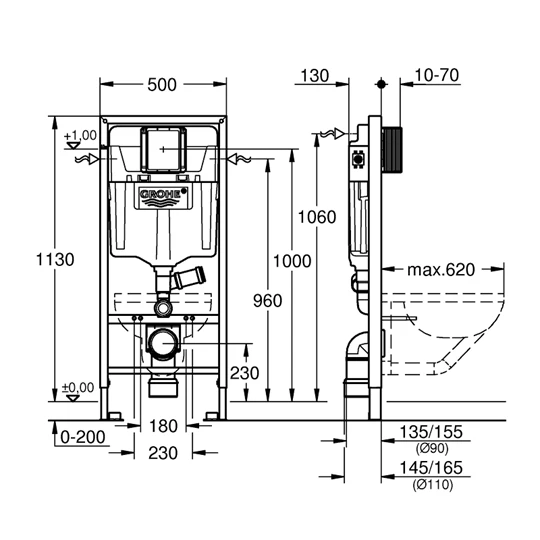 Grohe Rapid SL wc tartály szerelő keret elszívó csonkkal, 1130*500*130mm, standard méretű nyomólapokhoz
