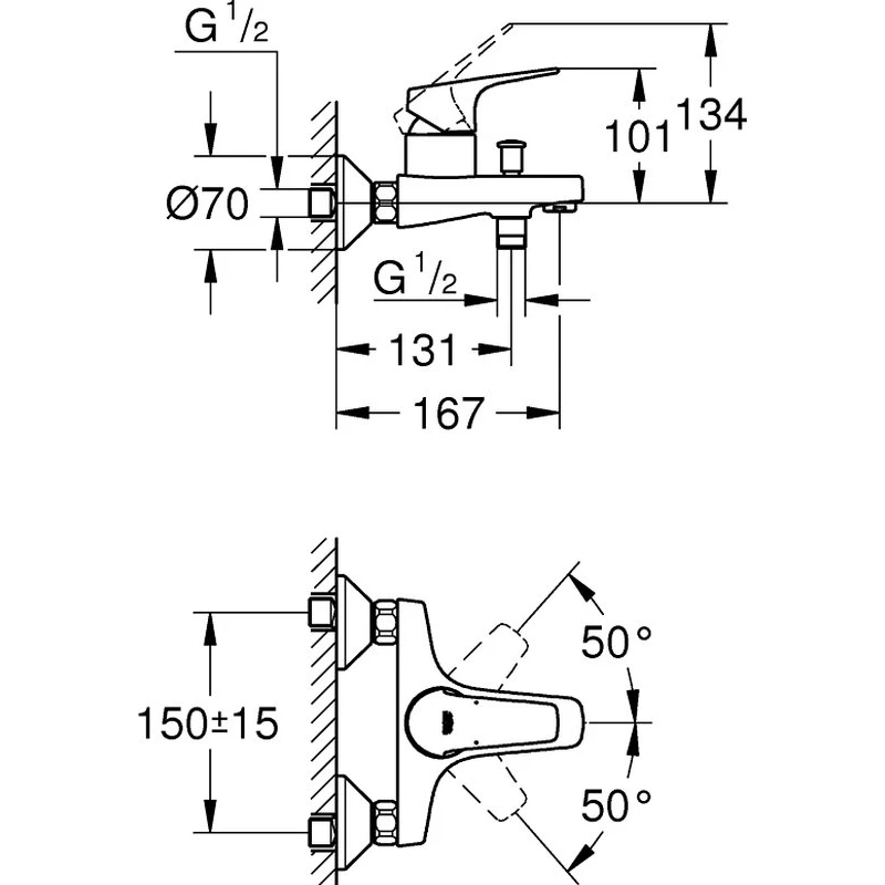 Grohe Start Flow falsíkon kívüli, egykaros kádtöltő csaptelep, zuhanyváltóval, króm