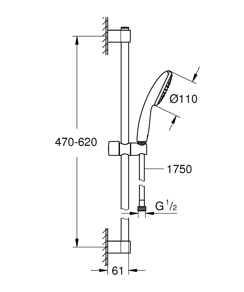 Grohe Tempesta 110 rudas zuhanyszett, 1 funkciós, 1750mm gégecső, 600mm zuhanyrúd, átf.16,6 l/perc, króm