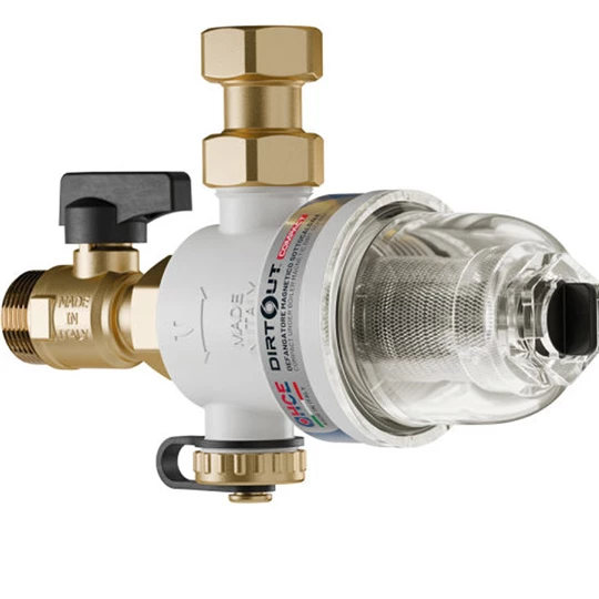 HCE DirtOut Compact 3/4"-os mágneses iszapleválasztó mechanikus szűrővel, átlátszó/fehér