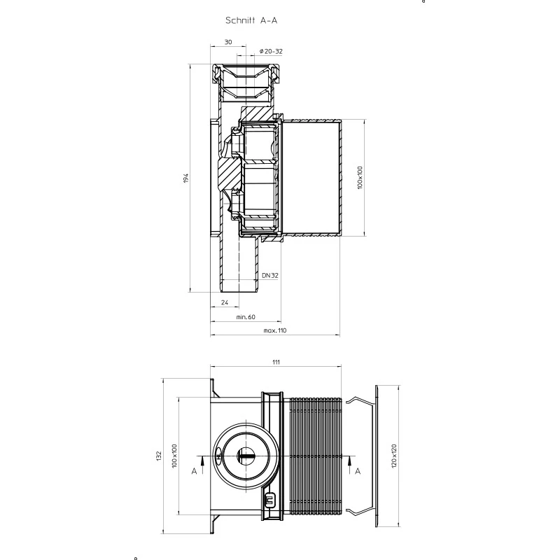 HL138N kondenzvízszifon fal alatti DN32-100x100mm