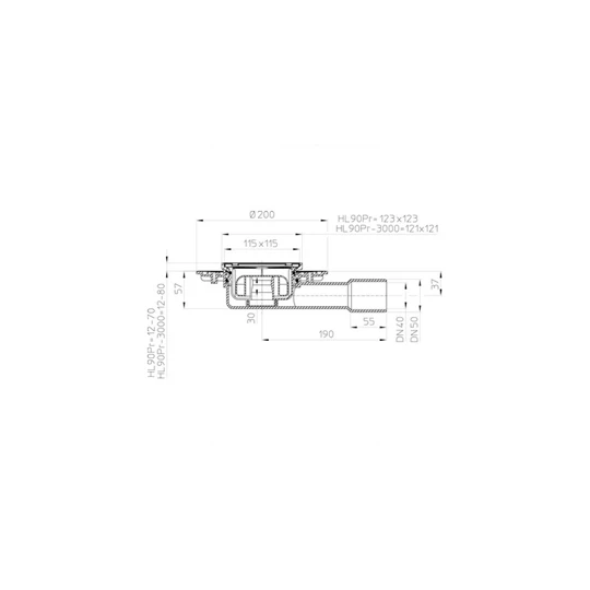 HL90PR padlóösszefolyó alacsony HL90 DN40/50 Primus szifonnal 69mm