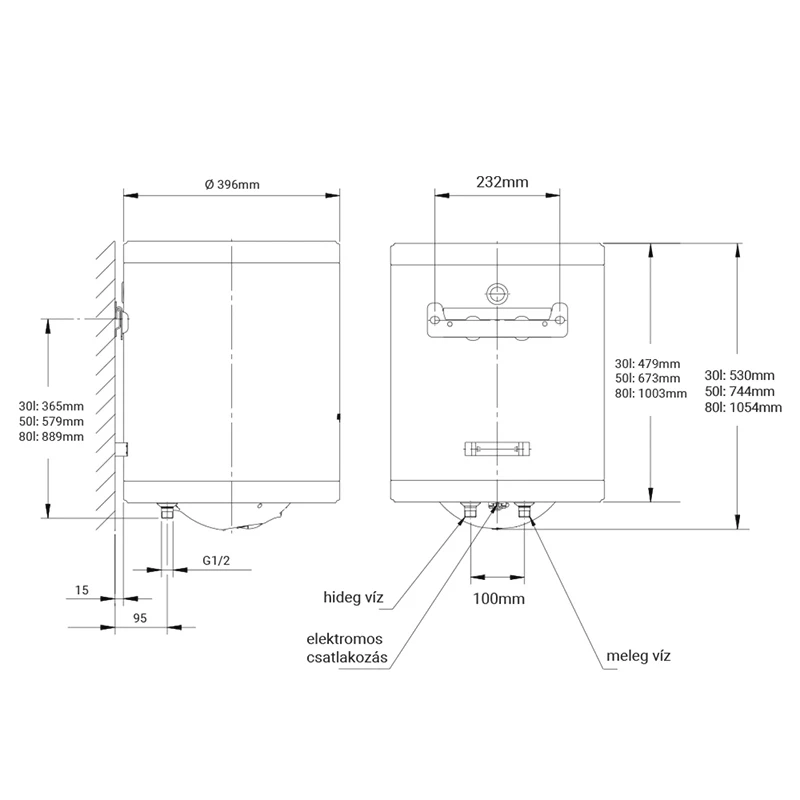 Hajdu Aquastic AQ ECO SLIM 30 ErP villanybojler, keskeny kivitel, függőleges, 30 l