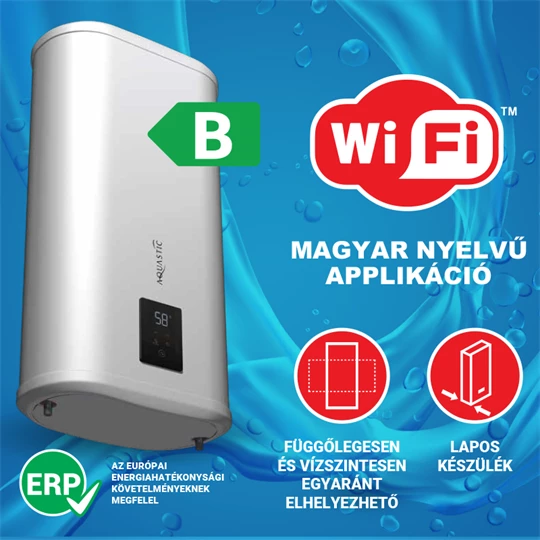Hajdu elektromos forróvíztároló, AQUASTIC FLAT 50 WIFI Erp lapos szögletes 50 lit. függőleges vagy vízszintes