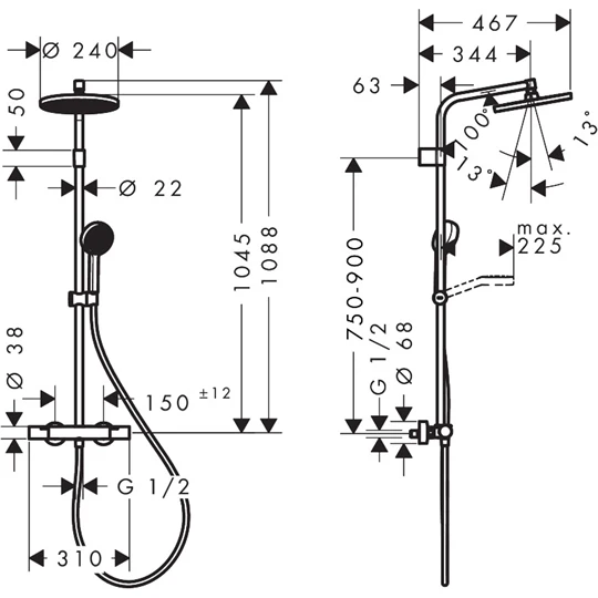 Hansgrohe Activera S Showerpipe 240, 1jet, EcoSmart, Ecostat Fine Varia