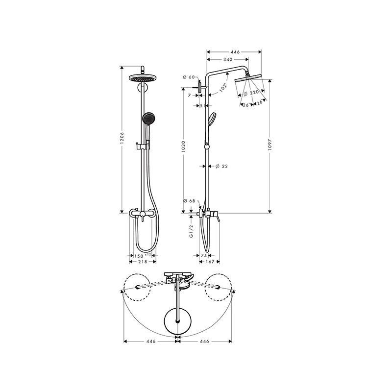 Hansgrohe Croma 220 Showerpipe egykaros csapteleppel és 400 mm-es elforgatható zuhanykarral, DN15, króm
