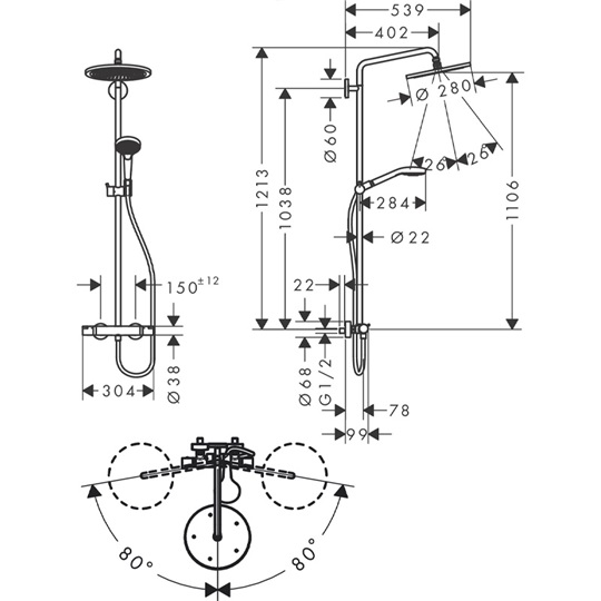 Hansgrohe Croma Select S Showerpipe 280 Ecosmart,1jet,termosztáttal,Raindance Select S 120 3jet kézizuhannyal,matt fehér