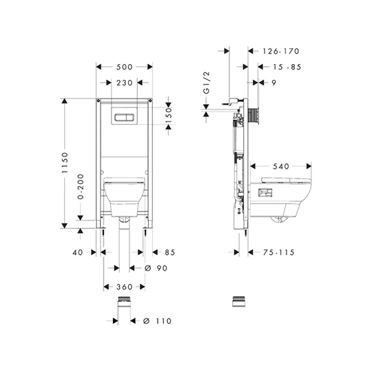 Hansgrohe GladeLake S WC-szett falsík alatti öblítőrendszerrel, iFrame Original Q öblítőlap, GladeLake WC-ülőkével