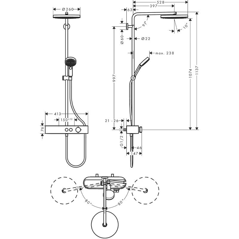Hansgrohe Pulsify S Showerpipe 260, 1jet EcoSmart, ShowerTablet select 400 króm