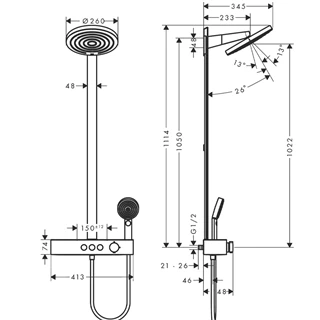 Hansgrohe Pulsify S Showerpipe 260, 2 jet EcoSmart, és ShowerTablet Select 400 falon kívüli zuhanyrendszer