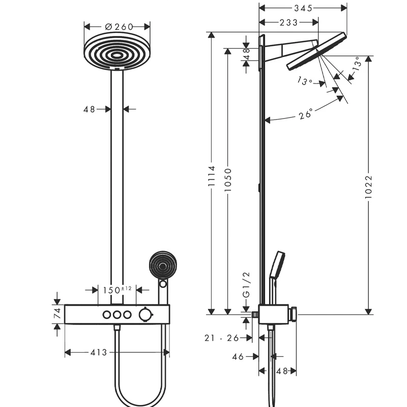 Hansgrohe Pulsify S Showerpipe 260, 2 jet EcoSmart, és ShowerTablet Select 400 falon kívüli zuhanyrendszer