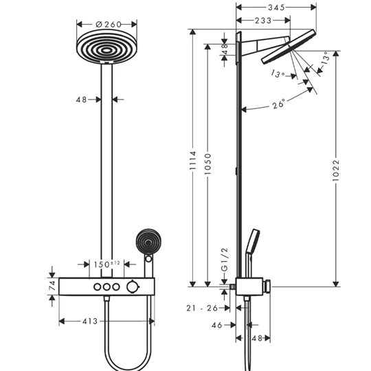 Hansgrohe Pulsify S Showerpipe 260, 2 jet EcoSmart, és ShowerTablet Select 400 falon kívüli zuhanyrendszer